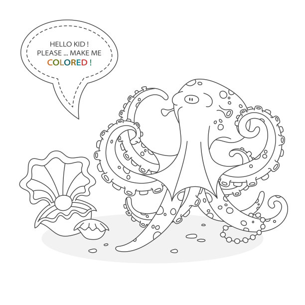 黑白涂色书页。卡通人物的一个有趣可爱的章鱼与珠子和水下贝壳与珍珠。卡片从一套为儿童的发展。矢量图图片下载