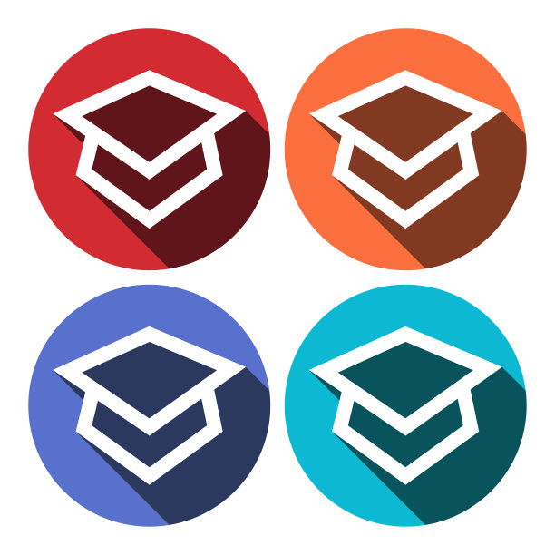 方形学术帽图标。平长阴影设计。回到学校图标系列。图片下载