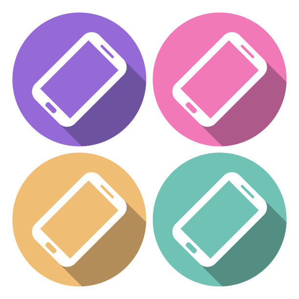 手机圆形图标与长影子。平面设计风格。智能手机简单的剪影。现代圆形图标在时尚的颜色。网站页面和移动应用程序设计矢量元素。图片下载