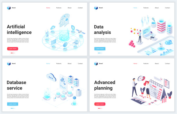 等距人工智能数字技术矢量插图，旗帜设置为人工智能技术数据库服务的先进规划，云数据分析图片下载