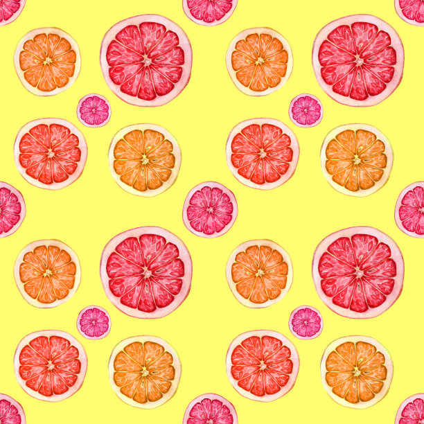 无缝图案水彩手绘切片红柚子，橙子，柠檬，柑橘在黄色的背景图片下载