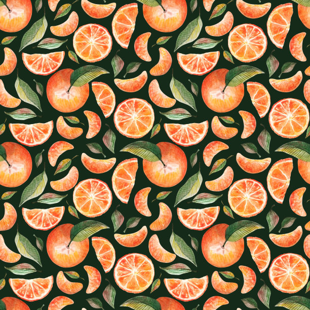 水彩无缝图案与橙子，橘子，柑橘水果，绿叶孤立在黑色的背景。水果重复背景。织物织物的植物插图图片下载