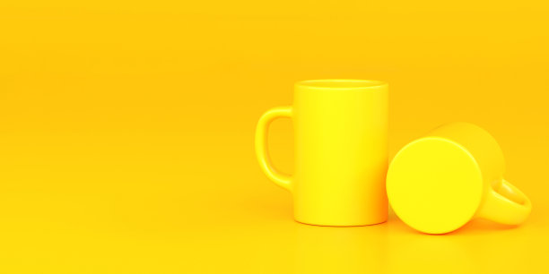 一对黄色杯子孤立在黄色背景模型3d渲染图片下载
