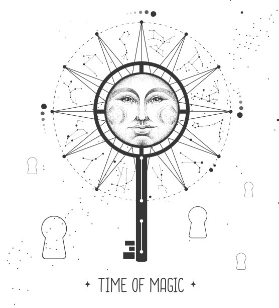 现代魔法巫术占星轮与星座的空间背景。神奇的钥匙轮廓。星座矢量图图片下载