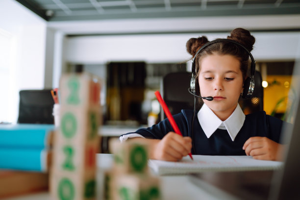 女生在用电脑和老师进行视频会议聊天。图片下载