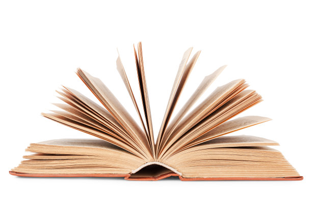 一本打开的旧纸厚书，黄色翻页白色背景孤立闭合，老式精装教科书，翻页，教育和知识符号，阅读和学习标志，图书馆文献图片下载