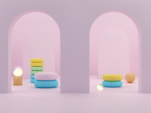 粉红色的形状在粉红色的抽象背景上。最小的盒子和几何曲线的讲台。图片下载