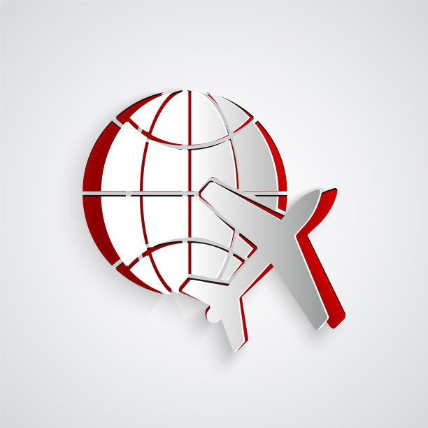 剪纸地球仪与飞行飞机图标隔离图片下载