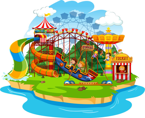 主题公园有许多游乐设施和快乐的孩子图片下载
