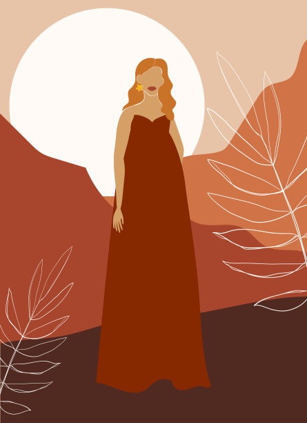 极简主义背景下的抽象女性。穿着晚礼服的年轻女孩。一个男人的全身形象。现代风格。图片下载