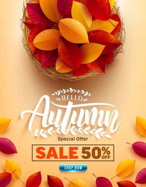 秋季销售海报或横幅与秋天彩色的叶子在黄色的背景。秋天的问候和礼物。矢量插图eps 10图片下载