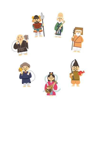 吉祥七神的年卡设计。图片下载