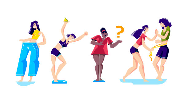 女性失去重量。一套卡通女性在秤上和用卷尺图片下载