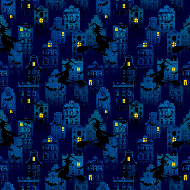 万圣节的紫色夜晚城市垃圾无缝模式与欧洲老房子，女巫飞行和蝙蝠的剪影图片下载