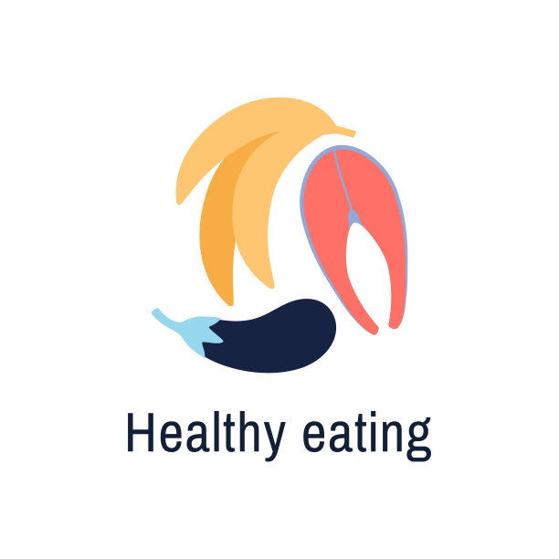 健康食品图标孤立在白色背景。天然有机饮食理念。新鲜香蕉茄子鲑鱼排。健康饮食标志或标识设计。保健食品标志。平面向量插图图片下载