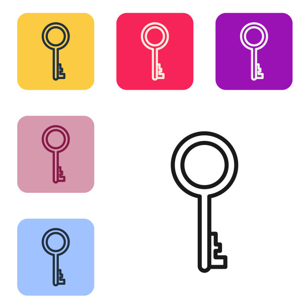 黑线旧的键图标孤立在白色背景上。设置图标为彩色方框按钮。矢量图图片下载