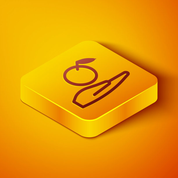 等距线苹果在手图标孤立在橙色背景。水果与叶子的象征。黄色正方形按钮。矢量图图片下载