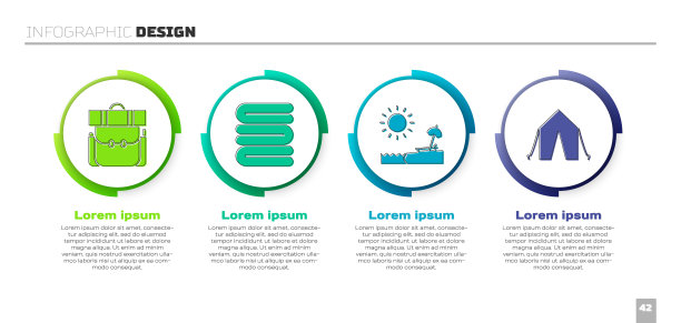 集徒步背包、毛巾架、沙滩(带伞和椅子)、旅游帐篷。业务信息模板。向量图片下载