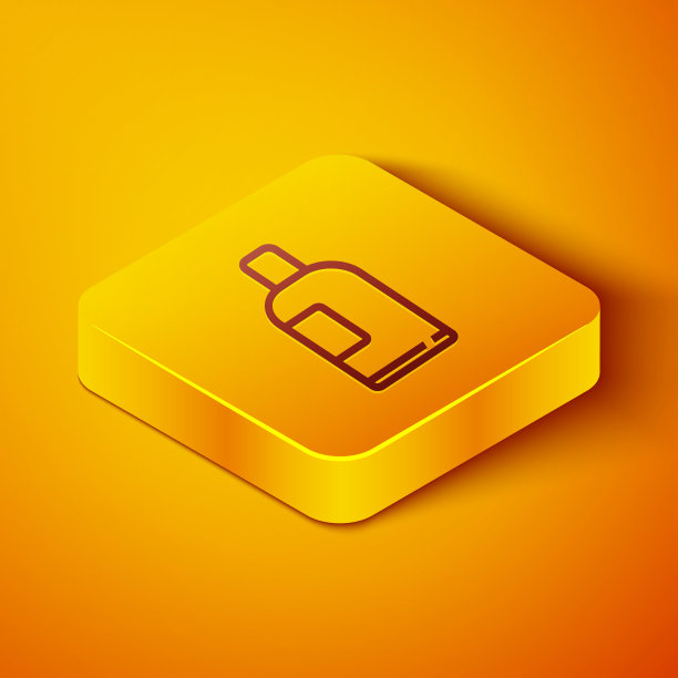 等距线瓶洗发水图标孤立在橙色背景。黄色方形按钮。矢量图图片下载