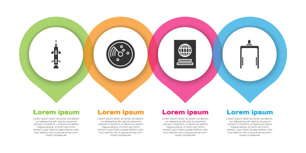 在机场设置火箭，雷达和目标监视器，护照和金属探测器。业务信息模板。向量图片下载