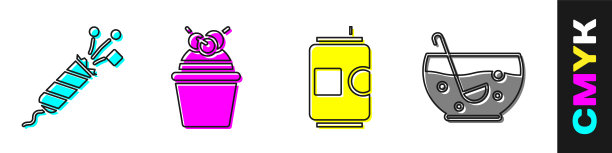 焰火火箭，蛋糕，啤酒罐和混合潘趣酒在碗图标。向量图片下载