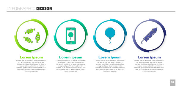 设置糖果，移动与生日信息，气球与丝带和烟花火箭。业务信息模板。向量图片下载