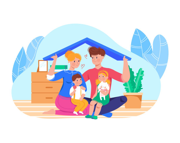 Ð每日一家人陪孩子玩耍，快乐的爸爸妈妈在房间里陪孩子，卡通矢量插图，孤立在白色上。图片下载