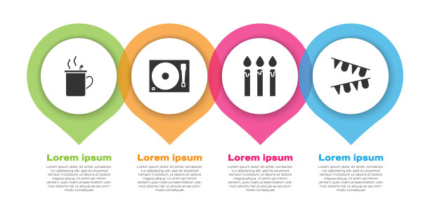 设置热红酒，黑胶唱片播放器，生日蛋糕蜡烛和嘉年华花环与旗帜。业务信息模板。向量图片下载