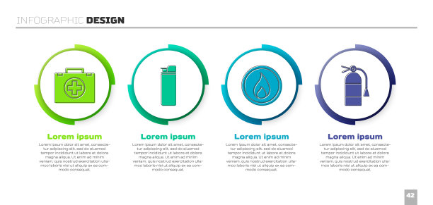 设置急救箱，打火机，火焰和灭火器。业务信息图模板。向量图片下载