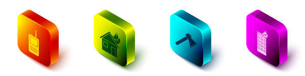 2.5D对讲机、燃烧的房子里的火、消防斧和燃烧的建筑物里的火组合图标矢量素材图片下载