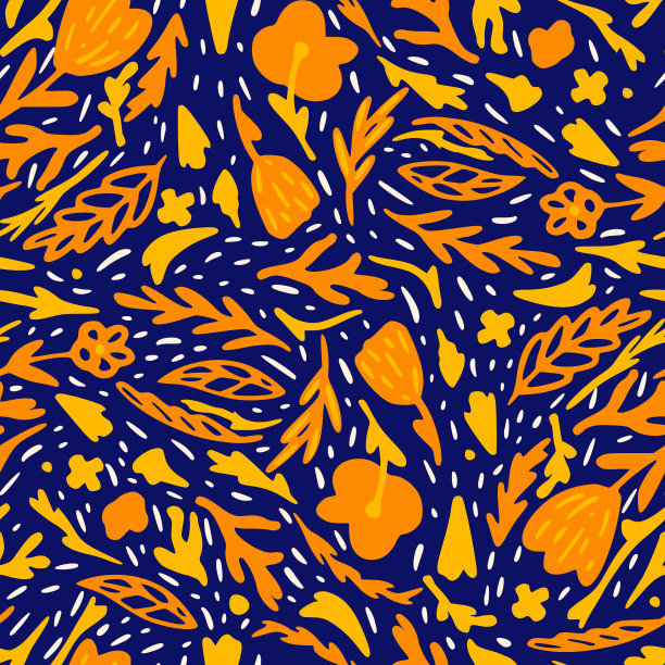 民间花枝剪影无缝涂鸦图案。紫色背景上橙色的复古亮印花。图片下载