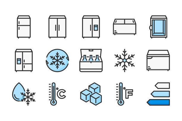 冰箱相关的颜色线图标。冰箱矢量线性彩色图标集。孤立的图标集合在白色背景上。图片下载