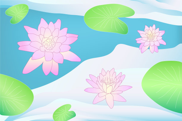 色彩丰富的矢量艺术粉红色荷花在水上与绿色的叶子与蓝色梯度的背景图片下载
