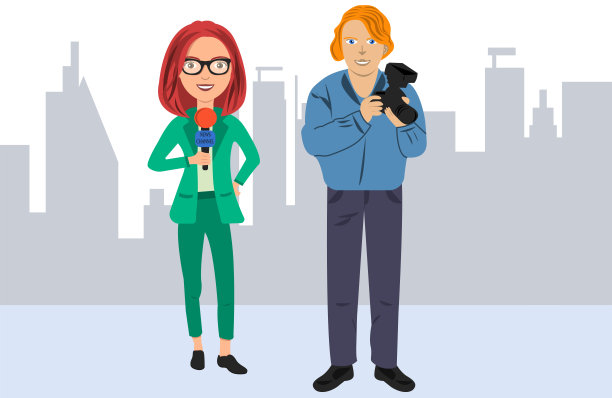 女记者记者和男摄影师传递新闻信息图片下载