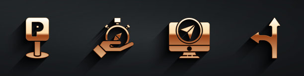 设置停车，指南针，监视器与位置标记和道路交通标志图标与长阴影。向量图片下载