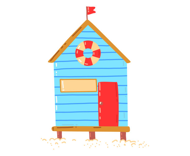 热带海滩别墅，活跃，炎热的暑假，海边小屋，设计卡通风格矢量插图，孤立在白色。图片下载