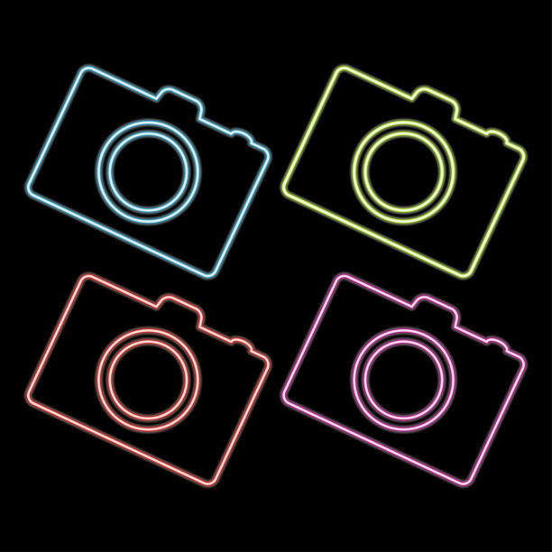 照片相机发光的霓虹灯ui用户体验图标。发光标志标志向量图片下载
