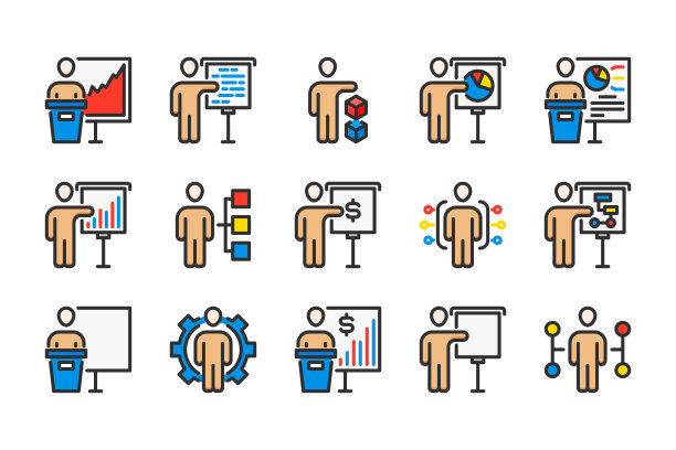 演示者和演示相关的颜色线图标。会议介绍向量线性彩色图标集。孤立的图标集合在白色背景上。图片下载