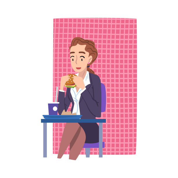 年轻的女人在商务服装吃汉堡坐在桌子上，女商人或办公室职员每日例行卡通风格矢量插图图片下载