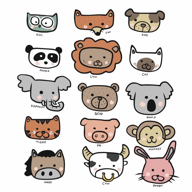 动物脸集涂鸦风格卡通矢量插图图片下载