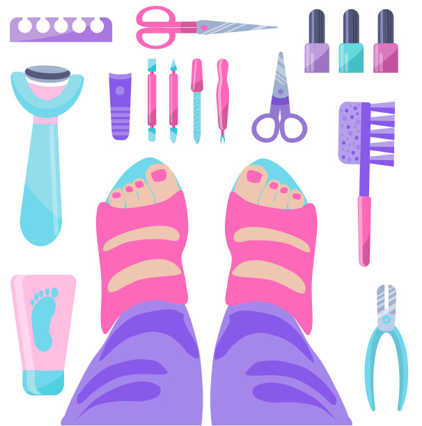女人穿着人字拖的漂亮脚。从上往下看。一套修脚工具孤立在一个白色的背景。矢量插图配件为美丽的女人的腿。卡通风格图片下载