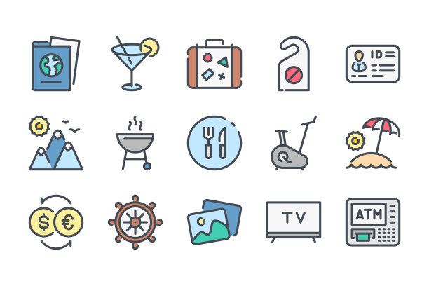 酒店服务相关的彩色线条图标设置。旅行线性图标。旅游彩色轮廓矢量标识集合。图片下载