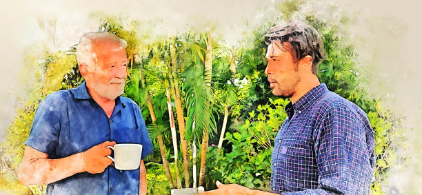 抽象幸福的父亲和小儿子讨论，谈论生活方式在家里的水彩插画的背景。图片下载