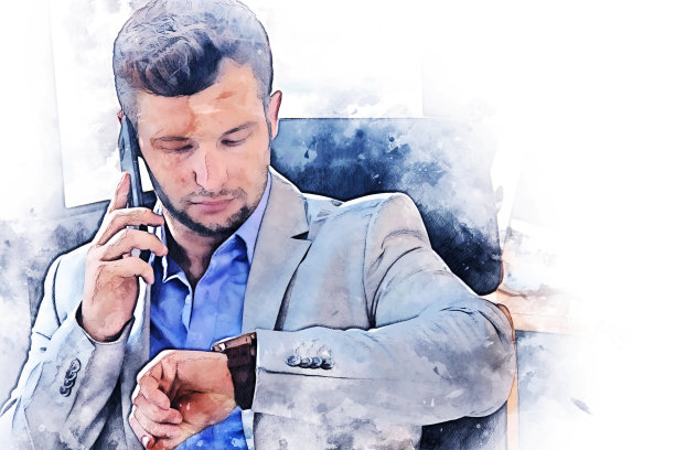 抽象的年轻商人谈话和工作在书桌上的水彩插图画的背景。图片下载