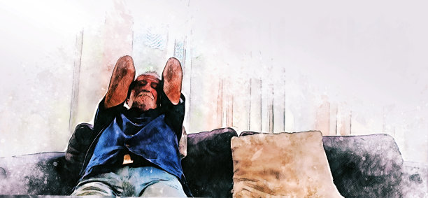 抽象色彩丰富的老人独自坐在家里玩手机上，以水彩画插画为背景。图片下载