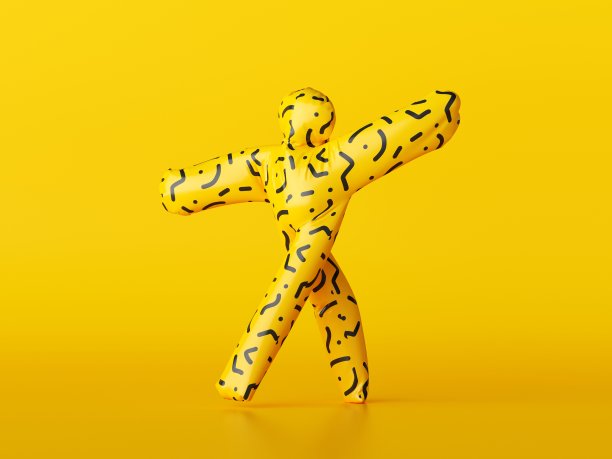 3d渲染，有趣的充气人走路，举起手，卡通人物孤立在黄色背景。跳舞玩具，不知名的吉祥物图片下载