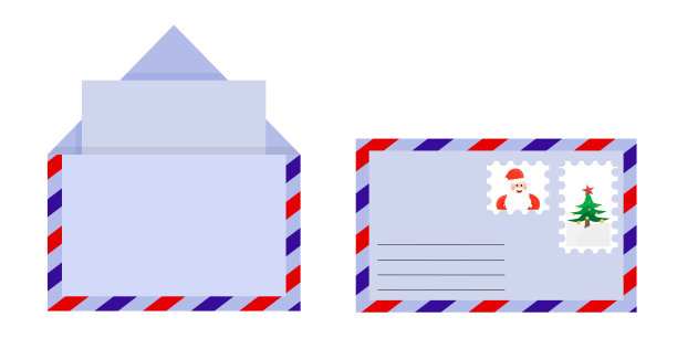 新年的信，信封是孤立在一个白色的背景。矢量插图在一个简单的平面风格。信封上贴着邮票，邮票上有圣诞老人和圣诞树。图片下载