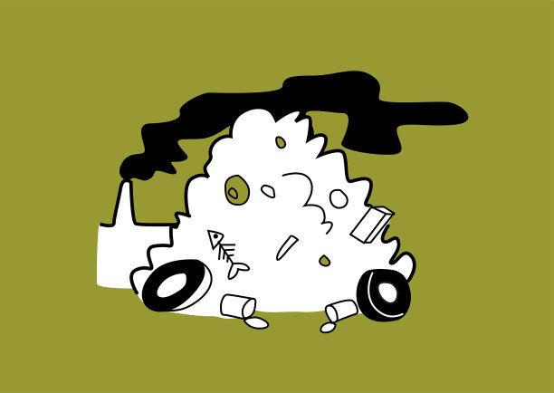 堆积如山的垃圾，后面是被工厂污染的垃圾。图片下载