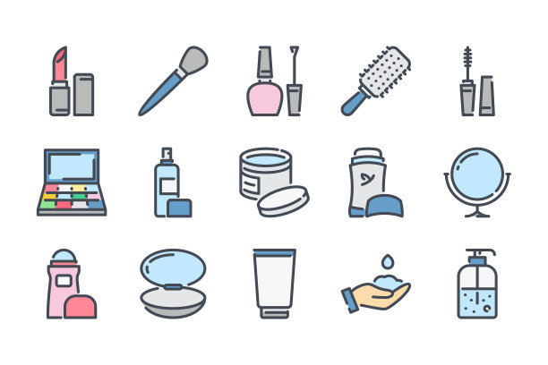 美相关的颜色线图标设置。彩妆和彩妆彩色线性图标。皮肤和身体护理平面颜色轮廓向量符号和符号集合。图片下载