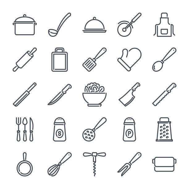 厨房相关线图标设置。烹饪线性图标。厨具轮廓向量标识集合。图片下载